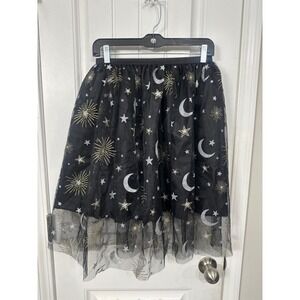 Celestial Black Tulle Skirt Gold Silver Glitter Moon Star Sunburst Mesh Overlay